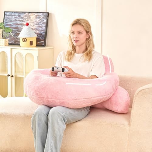 17" Reading Pillow for Bed,U Shaped Arm & Elbow Support,Pink Faux Fur by PAJEO
