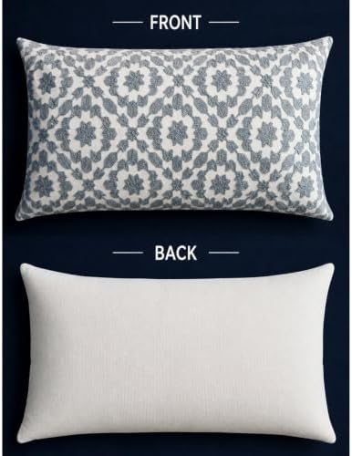 Throw Pillow Covers Decorative Lumbar Pillow Cover Silver 12 X 20 inch Mina Embroidered Trellis Cotton Canvas Bolster Pillowcase Grey 1 PC 30x50cm - Image 3
