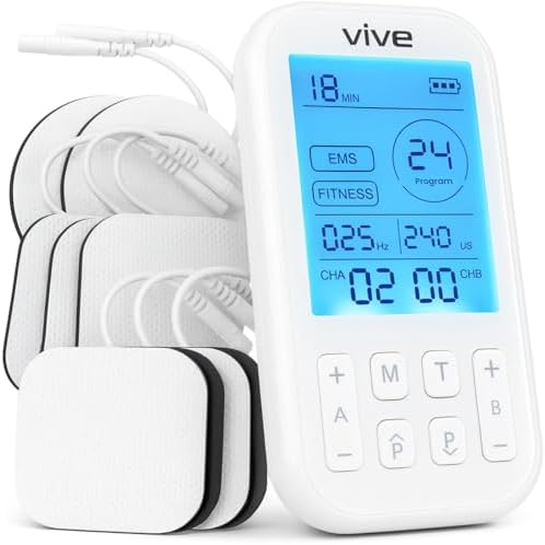 Vive Stim Machine for Muscle Recovery - 24 Mode Tens Unit Stimulator for Pain Relief Therapy - 24 EMS & 12 Fitness Models with Electrodes for Period Cramps, Physical Therapy - Stimulation Device by Vive