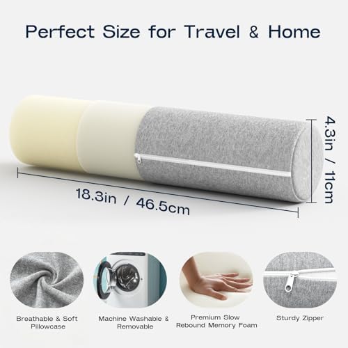 Neck Roll Pillow, Memory Foam Neck Support Pillows, Round Neck Pillows, Cylinder Bolster Pillows for Bed, Couch, and Yoga, Removable Washable Cover,18 * 4 * 4 inch (Small,Grey) - Image 5