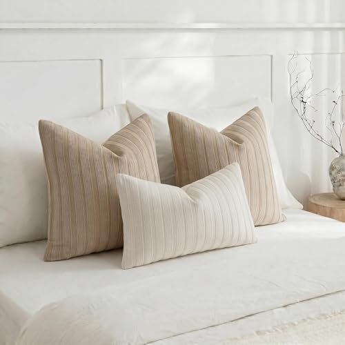 DEZENE 14x24 Beige Lumbar Pillow Covers Soft Striped Corduroy Neutral Rectangular Throw Pillow Cases for Couch Sofa Bedroom Living Room Home Decor - Image 6