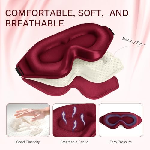 FlyCoco 99% Fully Block Out Light Eye Sleep Mask, 3D Deep Contoured Eyes Cover Zero Pressure, Long Lash Extension Eyes Mask with Adjustable Straps for Sleeping Travel Home Nap Rest Women Men (Red) - Image 3