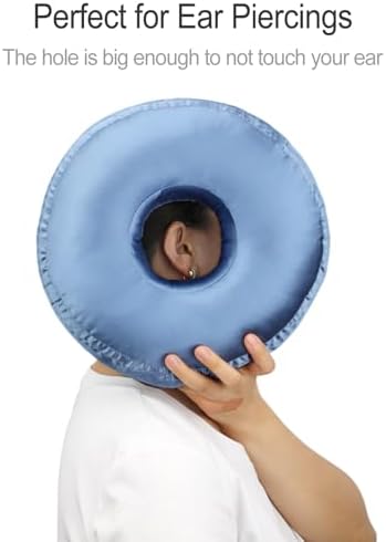 Washable Silky Satin Ear Piercing Pillow Cover, Removable Pillowcase Smooth Cooling Donut Pillow Case Hole for Ear Pain Relief CNH Sleeping Pressure Sore Side Sleepers Ear Guard Protector, Haze Blue - Image 5