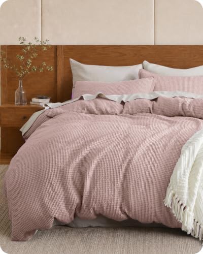 Bedsure PureWoven 3 Pieces 100% Cotton Waffle Duvet Cover Set, Queen, Pink by Unknown