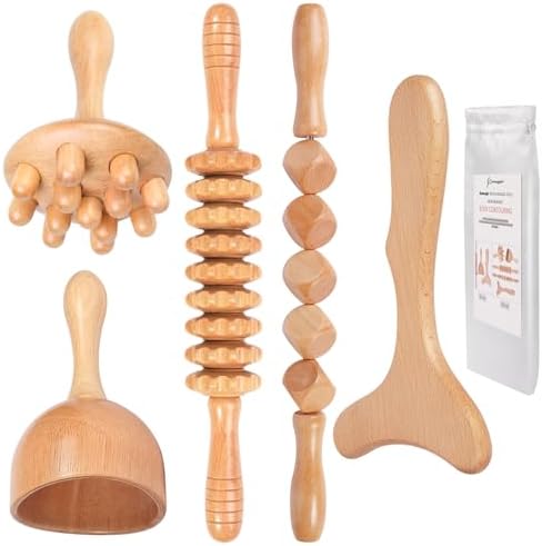 Komogir Wood Therapy Massage Tools 5-in-1 Lymphatic Drainage Massager Maderoterapia Kit Wooden Massager Body Sculpting Tools for Muscle Pain Relief, Anti-Cellulite, Body Contouring and Shaping by Komogir