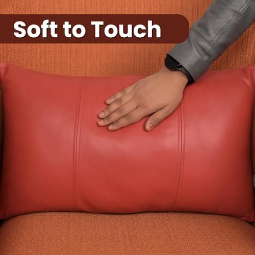 LL LEATHER LOVERS 100% Lambskin Leather Pillow Cover 12x20 Inch – Hand-Stitched Cushion Case with Hidden Zipper, Decorative Throw Cover for Sofa, Bed and Living Room - Red Panel Pack of 1 - Image 4