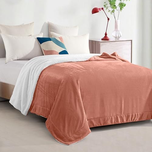 Elegant Comfort Ultra Soft Reversible Flannel Sherpa Blanket - Cozy Silky Fleece Throw for Couch, Bed - Plush Fuzzy Warm Winter Blanket for Gift, King, Coral - Image 3