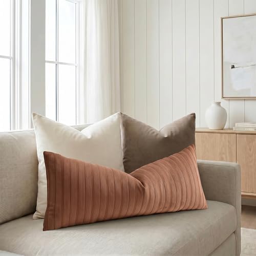 DEZENE 14x36 Rust Lumbar Pillow Covers Soft Striped Corduroy Fall Christmas Rectangular Long Body Pillow Cases for Couch Sofa Bedroom Living Room Home Decor - Image 5
