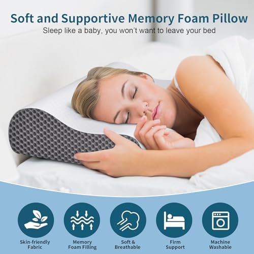 Cervical Neck Pillow for Pain Relief, Contour Memory Foam Pillows Ergonomic Pillow for Sleeping Bed Pillow Neck Support with Cooling Pillowcase Orthopedic Pillow for Side Back Sleepers(Light Grey) - Image 2