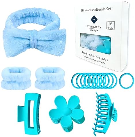 16pcs Skincare Headband Set, Headband Set for Face Washing Spa and Makeup, Including 1 Hairband, Wristband, 3 Hair Claw Clips and 10 Hair Ties, with Box, Gift for Women and Girls, Blue by Zaritaffy