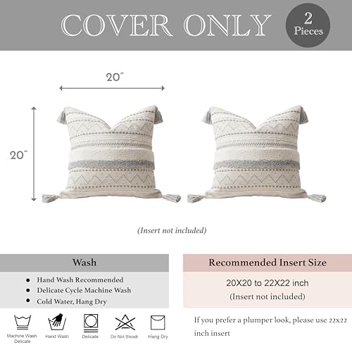 BlissBlush Gray Decorative Throw Pillow Covers 20x20 Combo Set of 2 Square Boho Neutral Grey Accent Pillowcase Tassels Farmhouse Cushion for Couch Sofa Bedroom Living Room Home Décor Cover ONLY - Image 5