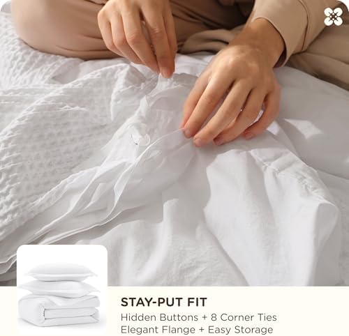 Bedsure PureWoven Cotton Waffle Weave Duvet Cover, 3 Pieces, Bright White - Image 5