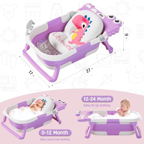 MoreFeel Collapsible Baby Bathtub for Newborn with Thermometer & 1 Hooded Towel & 1 Soft Floating Cushion,Portable Travel Bathtub with Drain Hole, Durable Foldable Baby Tubs for Infants to Toddler - Image 2