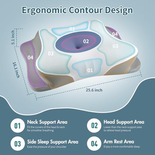 Cervical Neck Pillow for Pain Relief - Ergonomic Side Sleeper Pillow for Sleeping, Cooling Memory Foam Pillows for Neck Support, Orthopedic Pillow Contour Bed Pillow for Back Sleepers (Blue&White) - Image 4