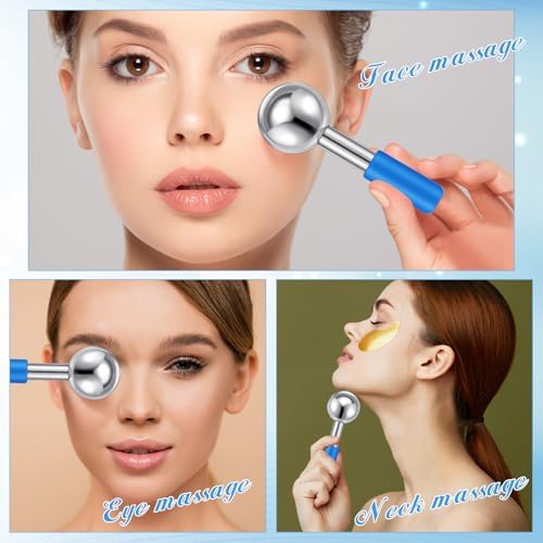 Baderke 2 Pcs Ice Globes for Face Stainless Steel Cooling Globes Unbreakable Cooling Roller Women Ice Balls Cryo Sticks Facials Skin Care for Dark Circles, Puffiness(Silver (Blue Handle)) - Image 4