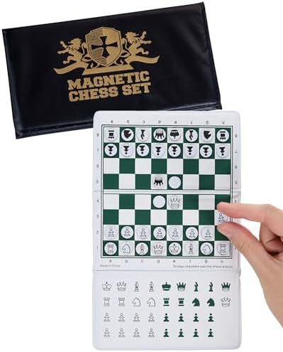 WE Games Mini Magnetic Travel Chess Set – 6-Inch Foldable Board with Durable Vinyl Pieces & Extra Queens– Indoor & Outdoor Magnetic Chess Game - Gold Logo by WEGames