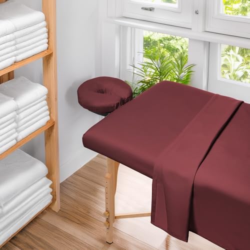 Saloniture 3-Piece Microfiber Massage Table Sheet Set - Premium Facial Bed Cover - Includes Flat and Fitted Sheets with Face Cradle Cover - Burgundy - Image 6