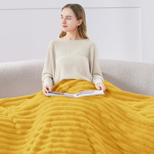 BEDELITE Ribbed Fleece Throw Blanket for Couch, Light Yellow, 50"x60" - Image 3