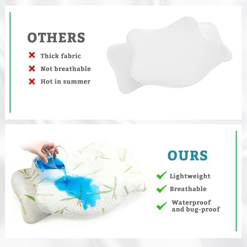 Hahafelt Cooling Cervical Pillowcase (Only Pillowcase) Waterproof Bamboo Neck Pillow Case Ergonomic Pillow Case Cover with Zipper for Side Back Stomach Sleepers(Standard Size,White Green) - Image 3