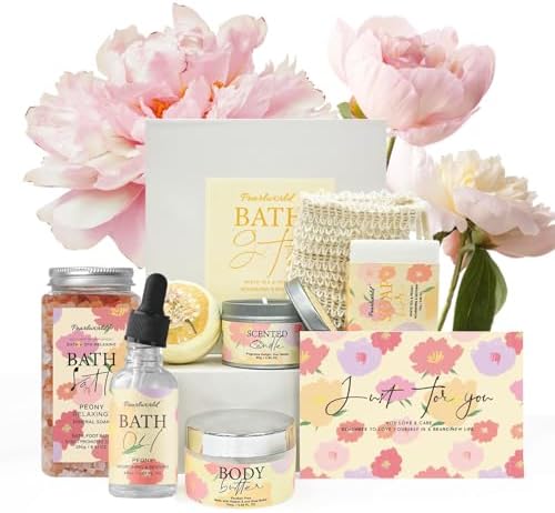 Spa Gift Set for Women, Peony 9 Pcs Bath Salts Set, Relaxation Gifts for Women, Self Care Set, Clean Moisturizing Skin, Gifts for Mom, Wife, Sister, Friend by PEARLWORLD