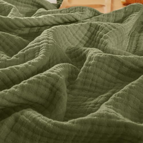 PHF 100% Cotton Muslin Blanket Queen Size 90"x90", 4-Layer Lightweight Gauze Throw, Breathable Cloud-Soft Minimalist Blanket for Bed, Couch, Camping & Baby, Olive Green, Ideal Gift by PHF