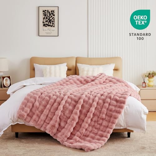 BENVWE Faux Fur Throw Blanket for Couch Bed - Fluffy Soft Thick Bubble Blanket for Living Room Home Decor - Mothers Day Birthday Gifts for Women, Dusty Pink, 63" x 80" - Image 2