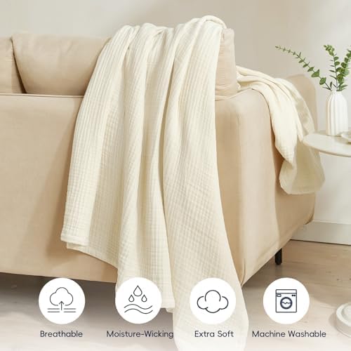 PHF 100% Cotton Muslin Throw Blanket 50" x 60", 4-Layer Lightweight Gauze Throw, Breathable Cloud-Soft Minimalist Blanket for Bed, Couch, Camping, Birch, Ideal Gift - Image 5