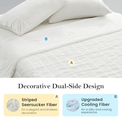 Cozy Bliss Vertical Striped Seersucker Cooling Comforter Queen Size, Lightweight Airflow Silky Cooling Bedding with Q-Max>0.45 for Bedroom, Home Decor, Hot Sleepers & Night Sweats, White 90"x90" - Image 3