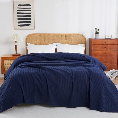 100% Egyptian Cotton Waffle Weave Throw Blanket for Bed Couch Sofa Home Decor, Soft Lightweight Bed & Couch Blanket for All Seasons (Navy Blue - Twin Size - 66 * 90") - Image 3