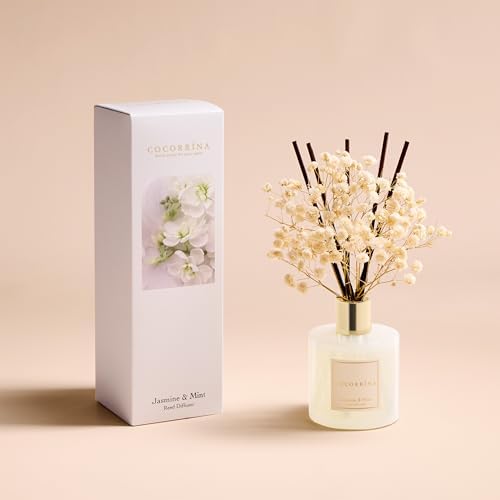 COCORRÍNA Reed Diffuser - Jasmine & Mint 6.7 Fl.oz Reed Diffuser Set with Sticks & Preserved Baby's Breath, Reed Diffuser for Home Bathroom Shelf Decor - Image 2