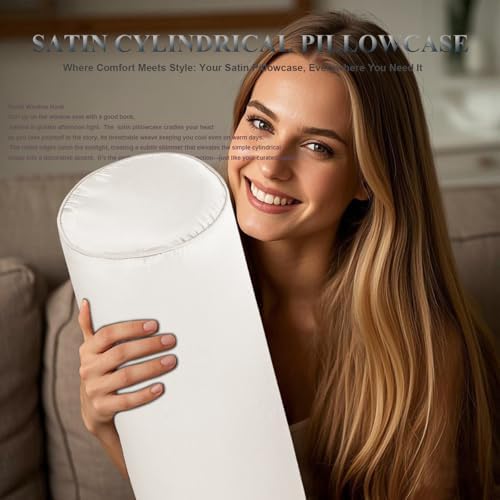 Satin Cylinder Pillowcase | Silk-Like Roll Bolster Pillow Cover with Hidden Zipper | Neck Roll Covers for Hair & Skin Friendly（ White16 x 6" ） - Image 2