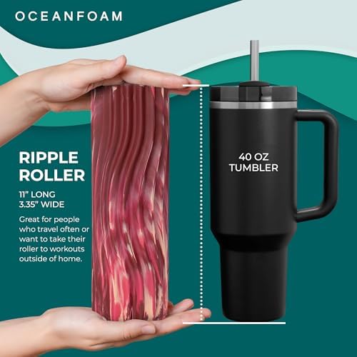 Oceanfoam Ripple Travel Foam Roller (11" x 3.35") Firm Mini Foam Roller for Physical Therapy, Deep Tissue Massage, Back Pain - High Density, Wave Textured - Yoga (Maroon, Blush & Hot Pink Marbled) - Image 2