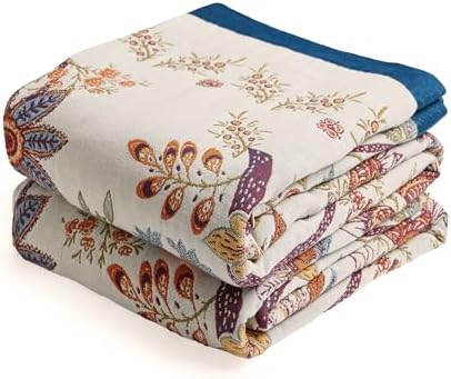 VANJOROY Boho Throw Blanket, 100% Organic Cotton Breathable Skin-Friendly Ultra Soft Bed Quilt Throw - All Season Floral Farmhouse Décor Luxury Blanket for Sofa Couch Chair and Gift. 91" x 98" by CHOOSEVANJOROYENJOYAMORECOMFORTABLEFEELING