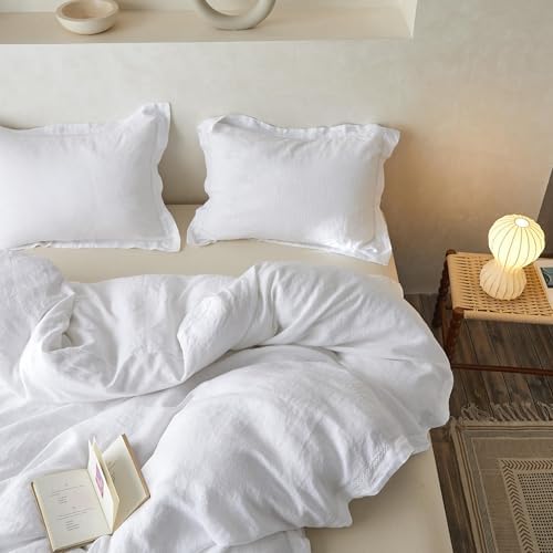 Simple&Opulence 100% Linen Duvet Cover Set with Crossed Embroidery Washed - 3 Pieces (1 Duvet Cover with 2 Pillow Shams) Soft Breathable Farmhouse - White, King Size - Image 6