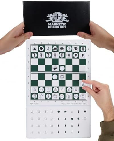 WE Games Mini Magnetic Travel Chess Set – 10-Inch Foldable Board with Durable Vinyl Pieces & Extra Queens– Indoor & Outdoor Magnetic Chess Game - White Logo by WEGames