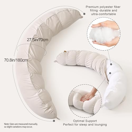 Peallow(Pat. Pend) – Long Round Body Pillow for Adults, Bolster Pillow for Sleeping, Soft and Supportive Pillow for Sleeping & Lumbar Support (Misty White,59") - Image 3