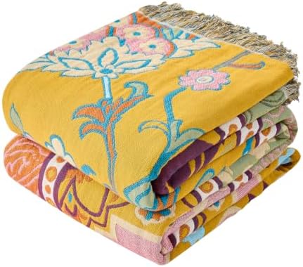 VANJOROY Boho Throw Blanket, 100% Organic Cotton Breathable Skin-Friendly Ultra Soft 80" x 90" Bed Patchwork Throw - Floral Rustic Luxury Reversible Blanket for Sofa Couch Chair and Gift, by CHOOSEVANJOROYENJOYAMORECOMFORTABLEFEELING