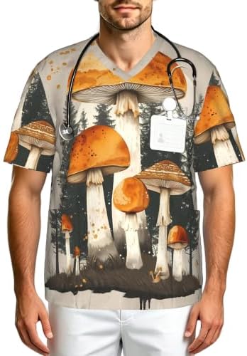 Men's Scrub Top,V-Neck Spill Wrinkle Resistant,3 Pockets-Mushroom Forest (1) by Unknown