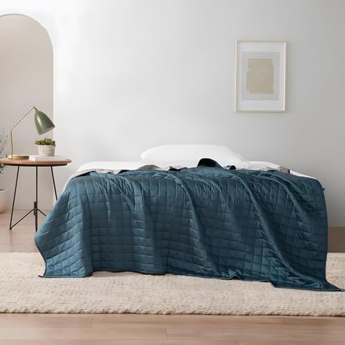 YnM Exclusive Weighted Blanket, Soothing Cotton, Smallest Compartments, Bed Blanket for One Person of 140lbs, Ideal for Twin/Full Bed (48x72 Inches, 15 Pounds, Peacock/Grey Reversible) - Image 2