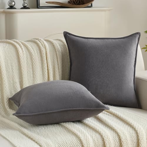 FUTEI Pack of 2 Chenille Throw Pillow Covers 20x20 Inch, Dark Grey - Image 5