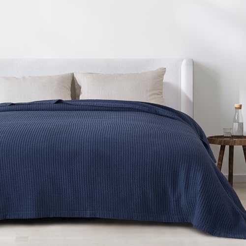 100% Cotton Blue Blanket Full/Queen Size for Bed - Breathable and Soft, Waffle Weave for Summer Spring, 90x90 Inches (Navy) - Image 6