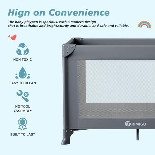 Portable Baby Playard& Playpen with Mattress, Travel Crib, Grey - Image 5