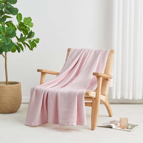 100% Cotton Pink Blanket Full/Queen Size for Bed - Breathable and Soft, Waffle Weave for Summer Spring, 90x90 Inches (Blush) - Image 3