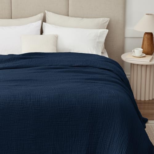 100% Cotton Muslin Blanket Twin 60" x 80", Breathable and Lightweight Cotton Twin Blankets for Couch, Soft Cooling Summer Gauze Blanket for Adults All Season, Navy Blue - Image 2