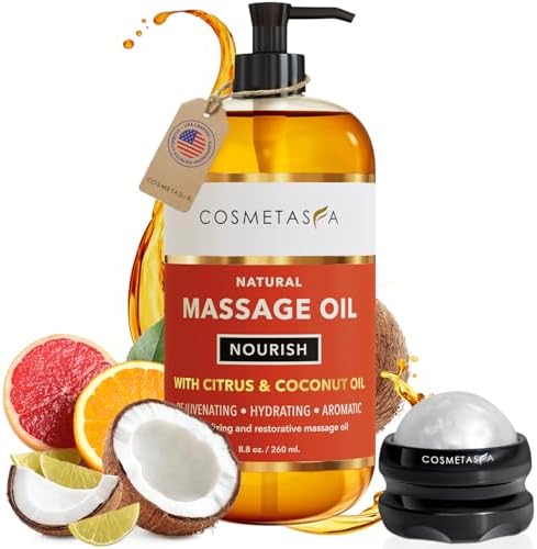 Natural Nourishing Massage Oil with Massage Roller Ball - Therapeutic Citrus & Coconut Massage Oils with Rejuvenating, Hydrating & Aromatic Essential Oils for Dry Skin, Soothes Muscle & Joints 8.8 oz by Cosmetasa