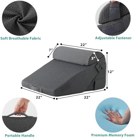 Bedluxe Adjustable 4pcs Bed Wedge Pillow Set, Memory Foam Wedge Pillow Post Surgery for Back, Neck, Leg Pain Relief, Pillow Wedge for Sleeping, Sitting up in Bed, Acid Reflux and GERD, Dark Grey - Image 6