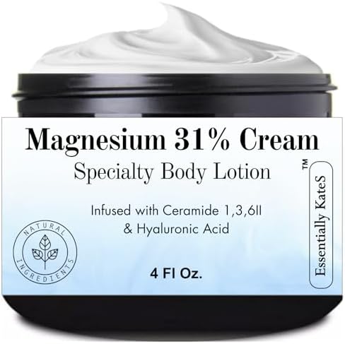 Magnesium 31% Cream Lotion 4 Fl Oz - Infused with Ceramides 1, 3, 6II and Hyaluronic Acid - Soothing, Relaxing, Hydrating, and Even Skin Tone - Helps Relax Sore Muscles and Stiffness by EssentiallyKateS