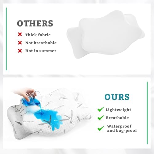 Hahafelt Cooling Cervical Pillowcase (Only Pillowcase) Waterproof Bamboo Neck Pillow Case Ergonomic Pillow Case Cover with Zipper for Side Back Stomach Sleepers(Queen Size,White Grey) - Image 3