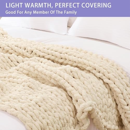 Bigacogo Chunky Knit Throw Blanket for Couch, 40x60 inches, Beige - Image 3