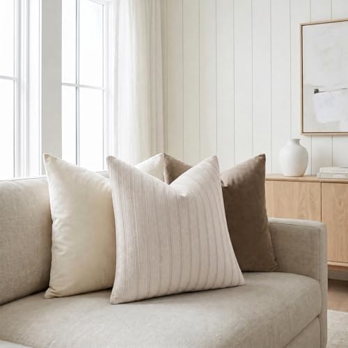 DEZENE 26x26 Taupe Throw Pillow Covers Pack of 2 Soft Striped Corduroy Square Neutral Pillow Cases for Couch Sofa Bedroom Living Room Home Decor - Image 4